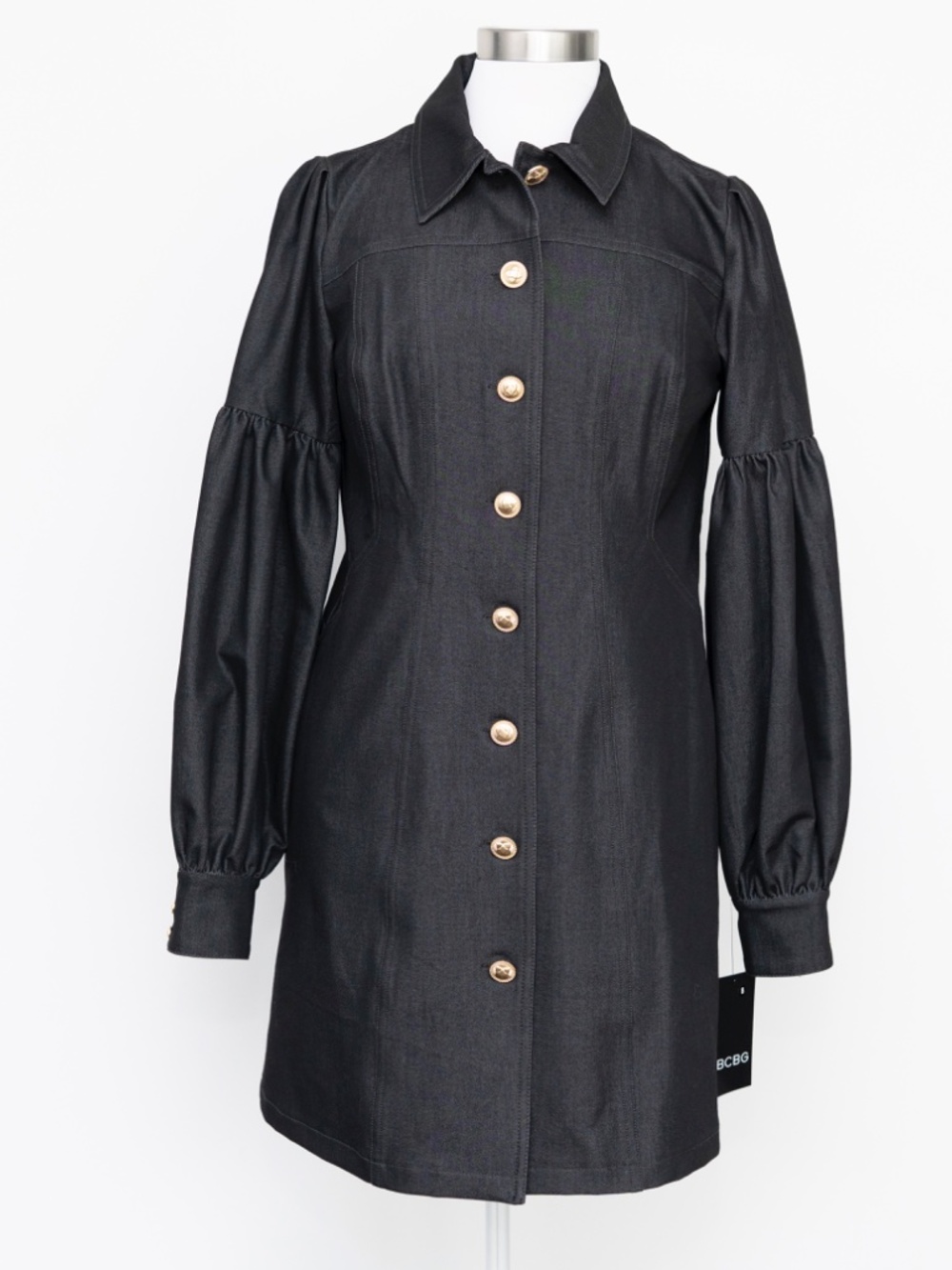 BCBG - Black Denim Puff Sleeve Button Front Mini Shirtdress